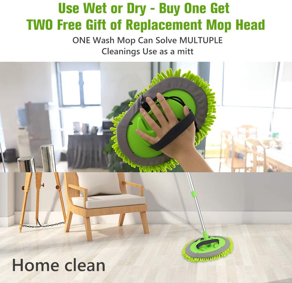 2 in 1 Chenille Microfiber Car Wash Brush Mop Mitt with 45" Aluminum Alloy Long Handle, Car Cleaning Kit Brush Duster, Not Hurt Paint Scratch Free Cleaning Tool Dust Collector Supply for Washing Truck