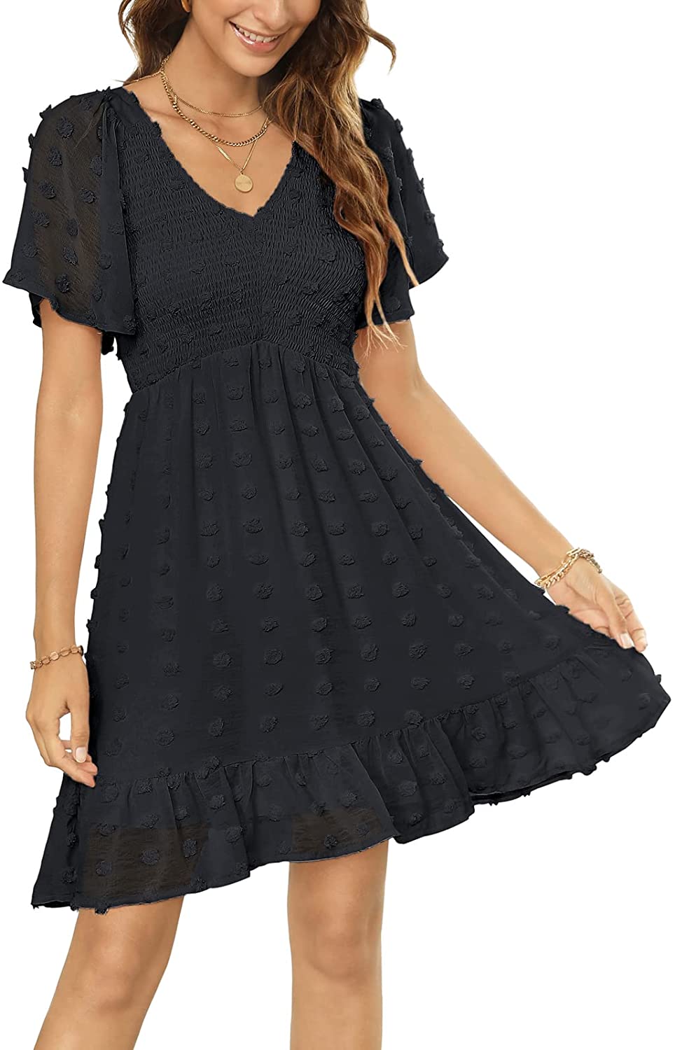 Womens Smocked Flutter Sleeve V Neck Ruffle Mini Swiss Dot Babydoll Dress