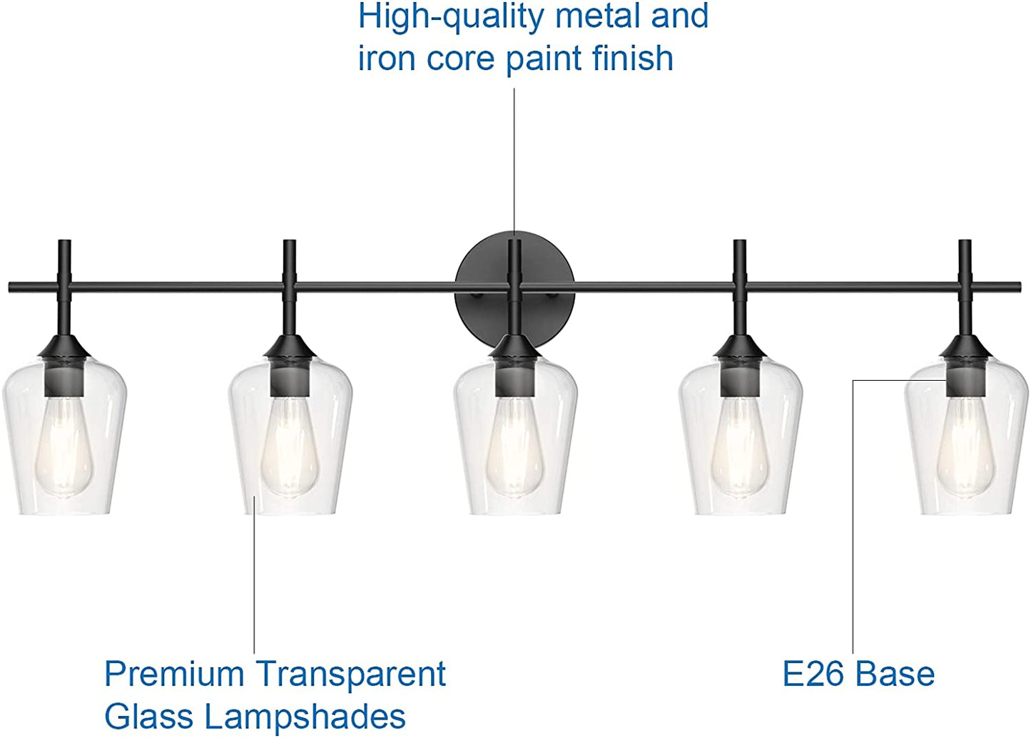 Ralbay Vintage Black Bathroom Vanity Light 5-Lights Industrial Matte Black Finish with Clear Glass Vanity Lights Farmhouse Bathroom Lighting fixtures