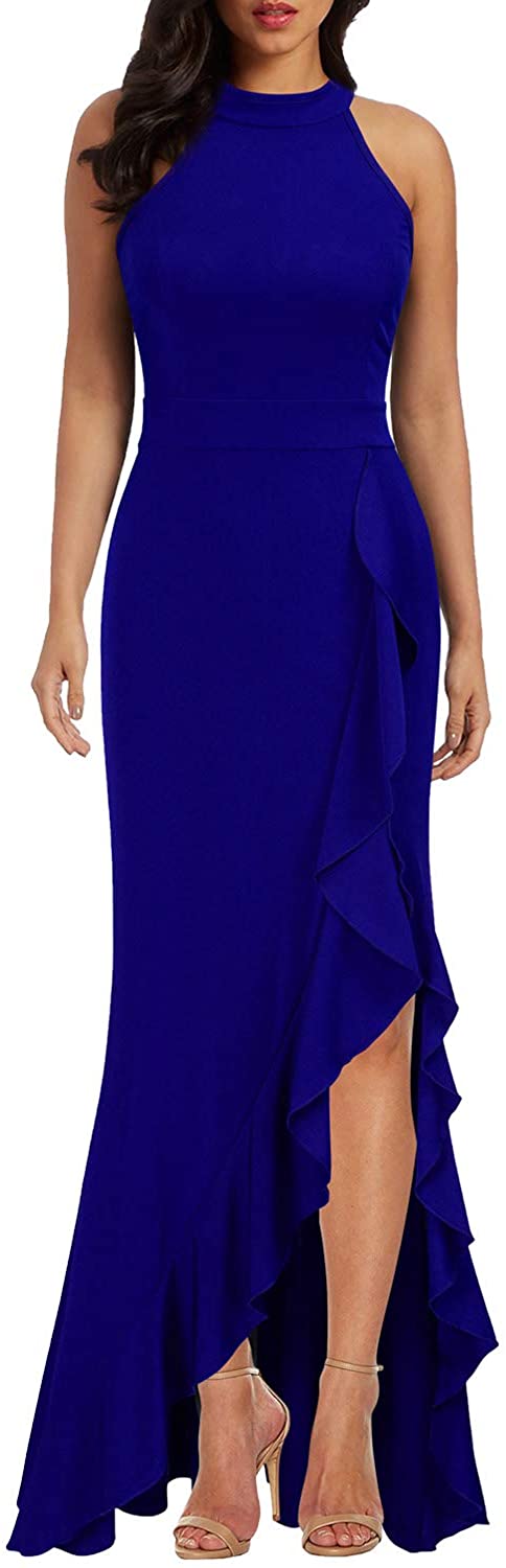 Women's High Neck Split Bodycon Mermaid Evening Cocktail Long Dress