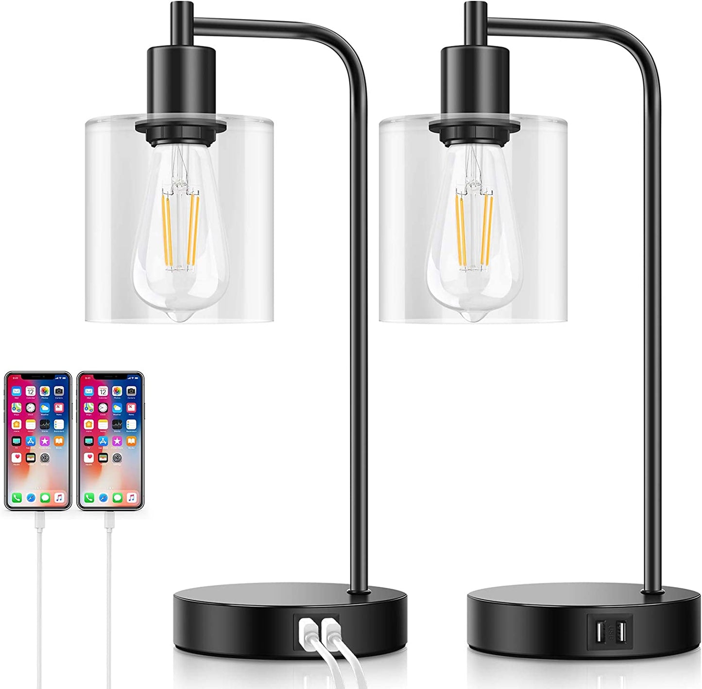 Set of 2 Industrial Touch Control Table Lamps with 2 USB Ports and AC Outlet, 3-Way Dimmable Bedside Nightstand Reading Lamps with Glass Shade for Bedroom Office, Daylight White LED Bulbs Included