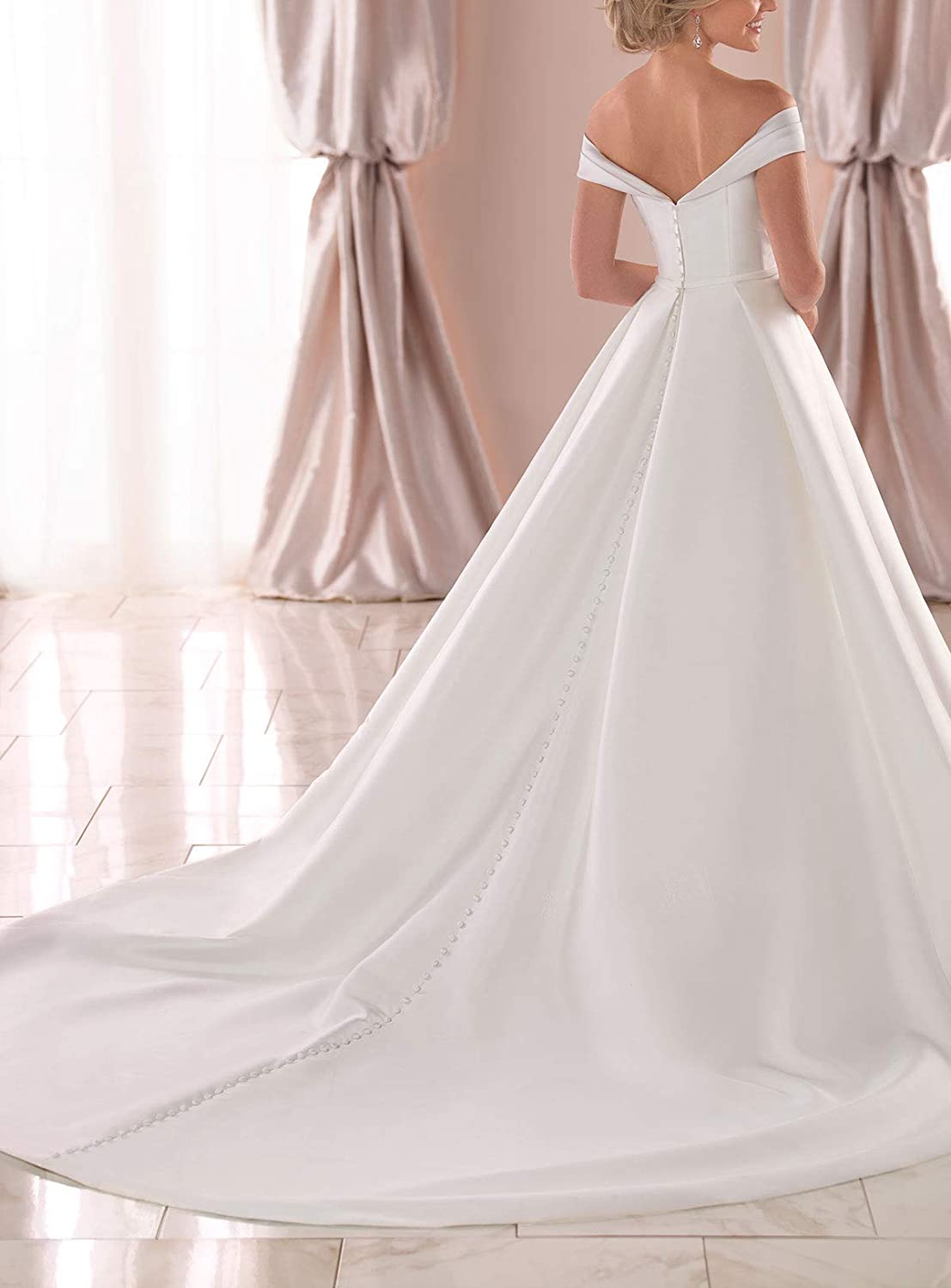 Wedding Dress Long Off The Shoulder Satin Bridal Gowns with Pockets
