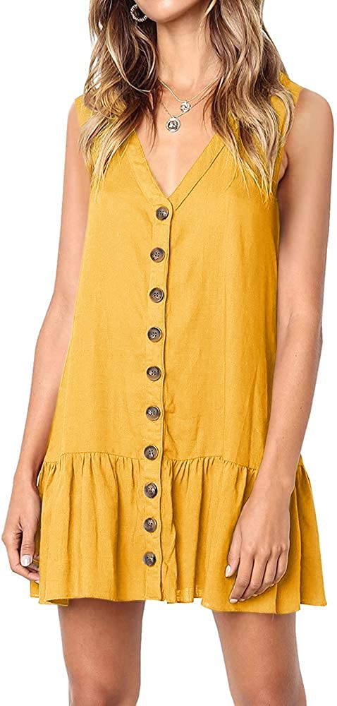 Womens Polka Dot V Neck Button Down Ruffles Loose Mini Short T-Shirt Dress