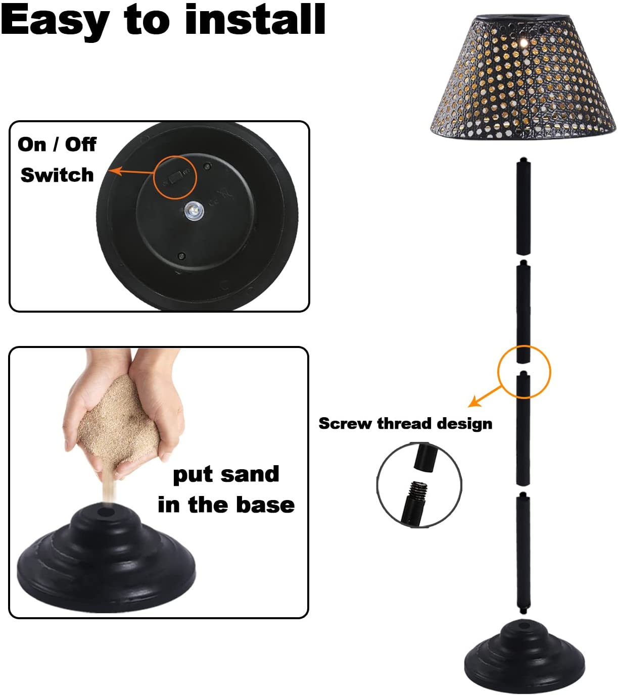 Solar Powered Patio Floor Lamp Outdoor Big Lantern Decorative Lights,Metal Deck Lamp Outdoor Cordless Path Light for Patio Lawn Yard Balcony Landscape(Black)