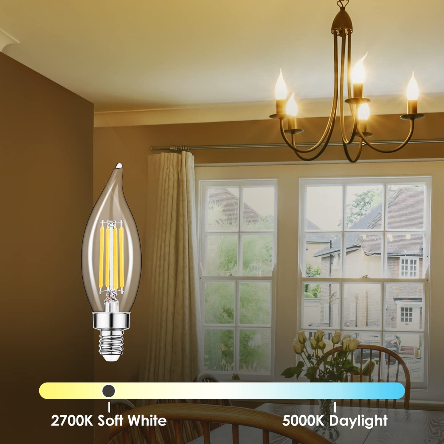 E12 LED Bulb Candelabra Base 60 watt LED Chandelier Light Bulbs Dimmable, Flame Tip Candelabra LED Bulbs, 4.5W, 500LM 2700K Warm White, CA10 Candle Light Bulbs, 12 Packs
