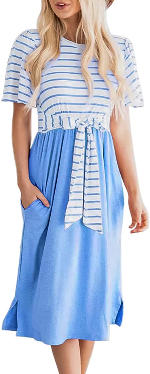 Women's Summer Striped Ruffle Sleeves Tie Waist Pockets Casual Swing Midi Dress