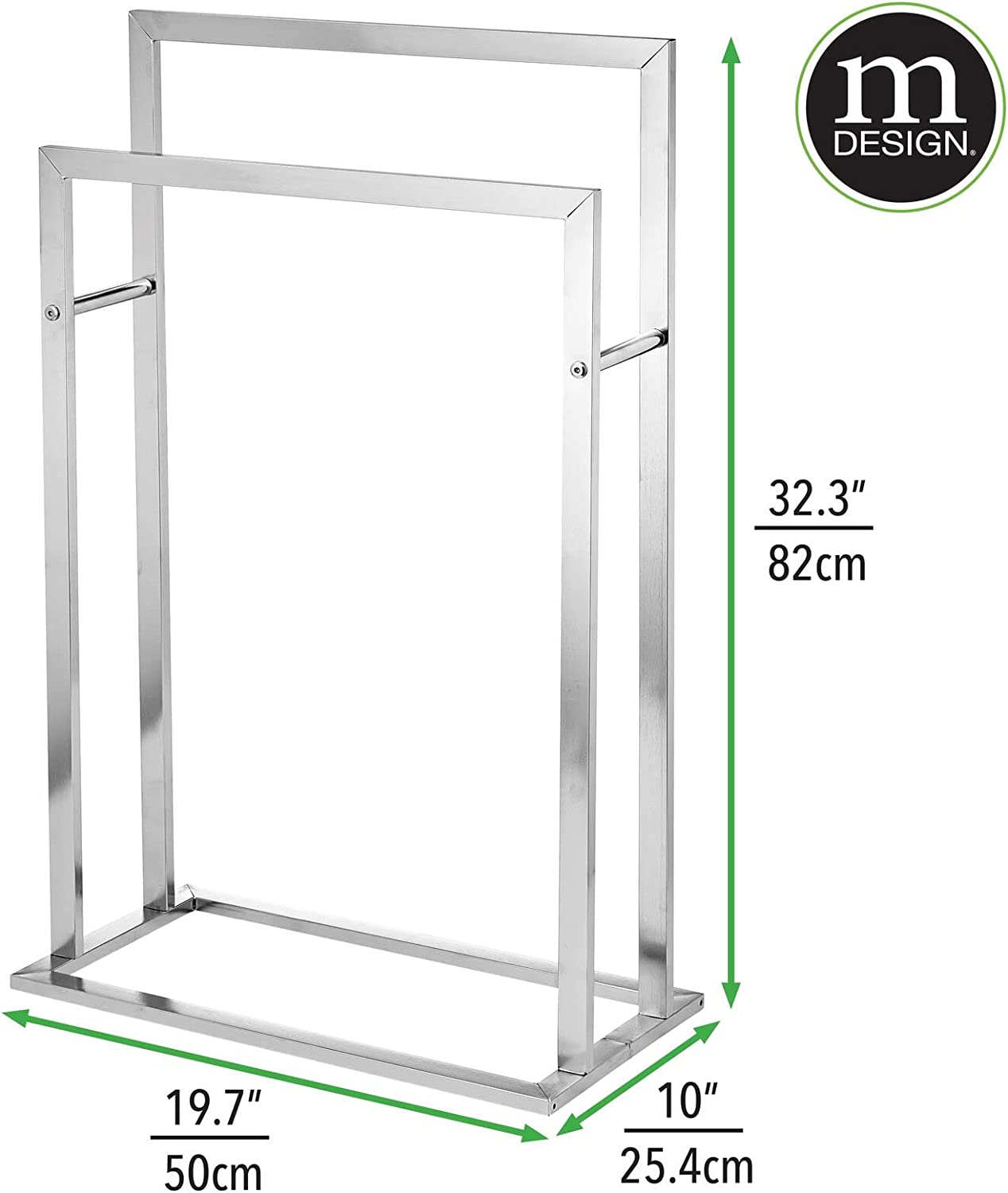 mDesign Metal Tall 2-Tier Free-Standing Towel Rack Holder for Bathroom Storage and Organization, Floor Stand Holds Bath, Hand Towels; Great for Guest, Half, Kids' Bathrooms - Chrome