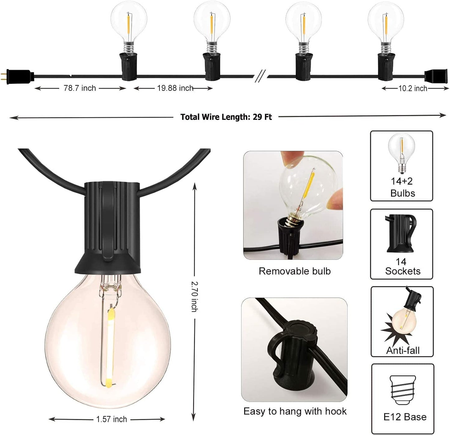 Outdoor String Lights 29ft G40 Patio Lights String with 16 Shatterproof Globe LED Bulb,Waterproof Connectable Hanging Lights for Porch Balcony Bistro,2700K Warm Glow Cafe Lights with E12 Socket
