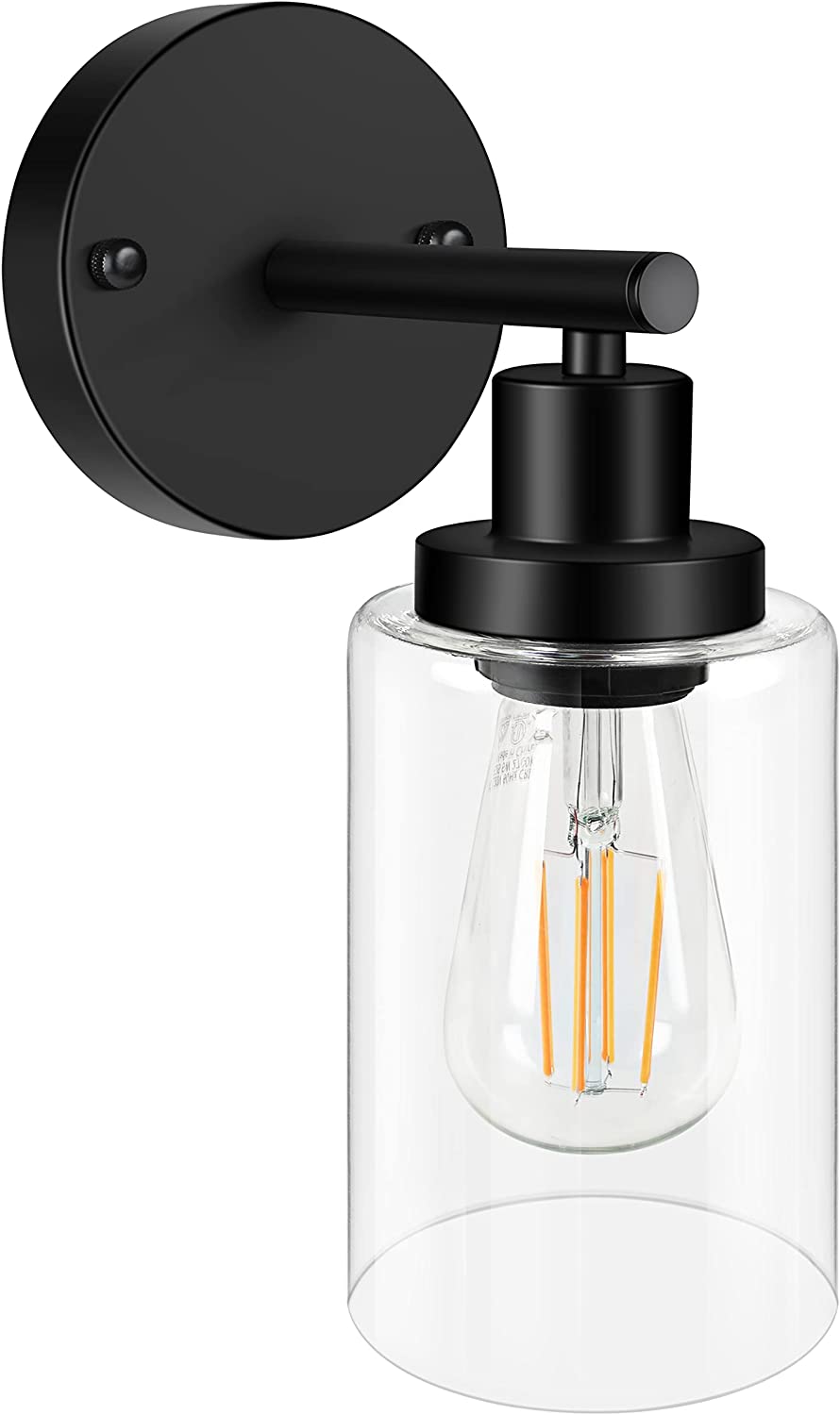 Modern Matte Black 1 Light Wall Sconce, Vanity Light Fixtures with Clear Glass Shade, Wall Lights for Living Room, Bedroom, Kitchen, Hallway, Mirror, 1 Count, E26 Base (Bulbs Not Included)