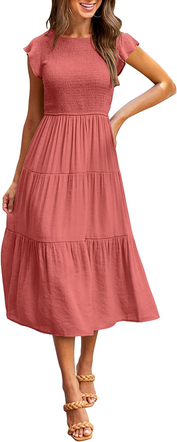 Women's Summer Casual Midi Maxi Dress Boho Flutter Sleeve Smocked A-Line Long Dress