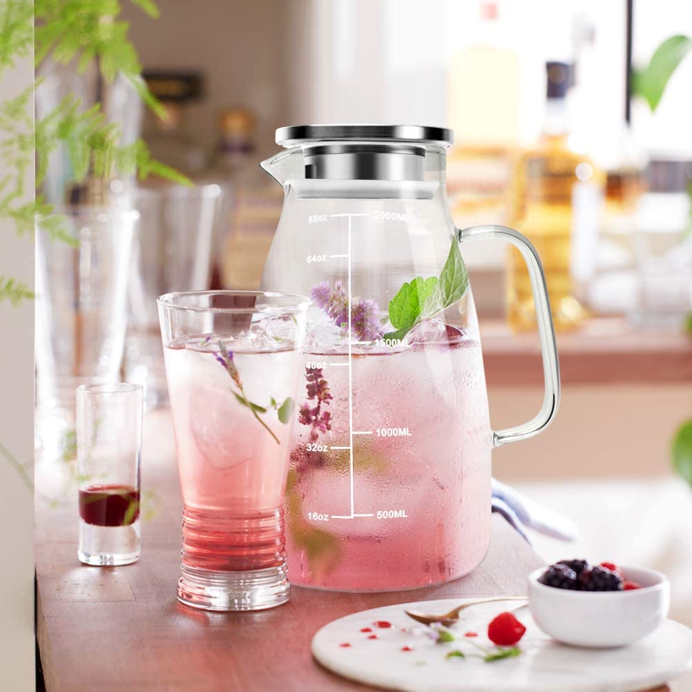 Glass Pitcher, 68oz Water Pitcher with Lid and Precise Scale Line, 18/8 Stainless Steel Iced Tea Pitcher, Easy Clean Heat Resistant Borosilicate Glass Jug for Juice, Milk, Cold or Hot Beverages