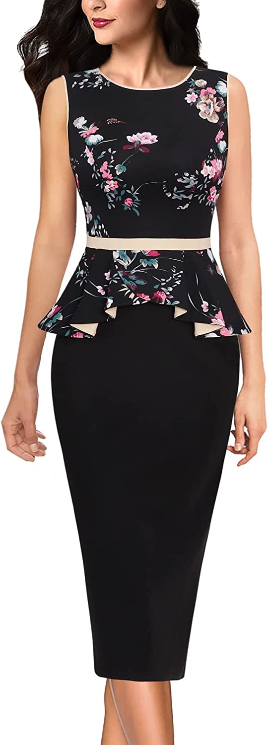 Womens Crew Neck Peplum Colorblock Work Business Office Bodycon Pencil Dress