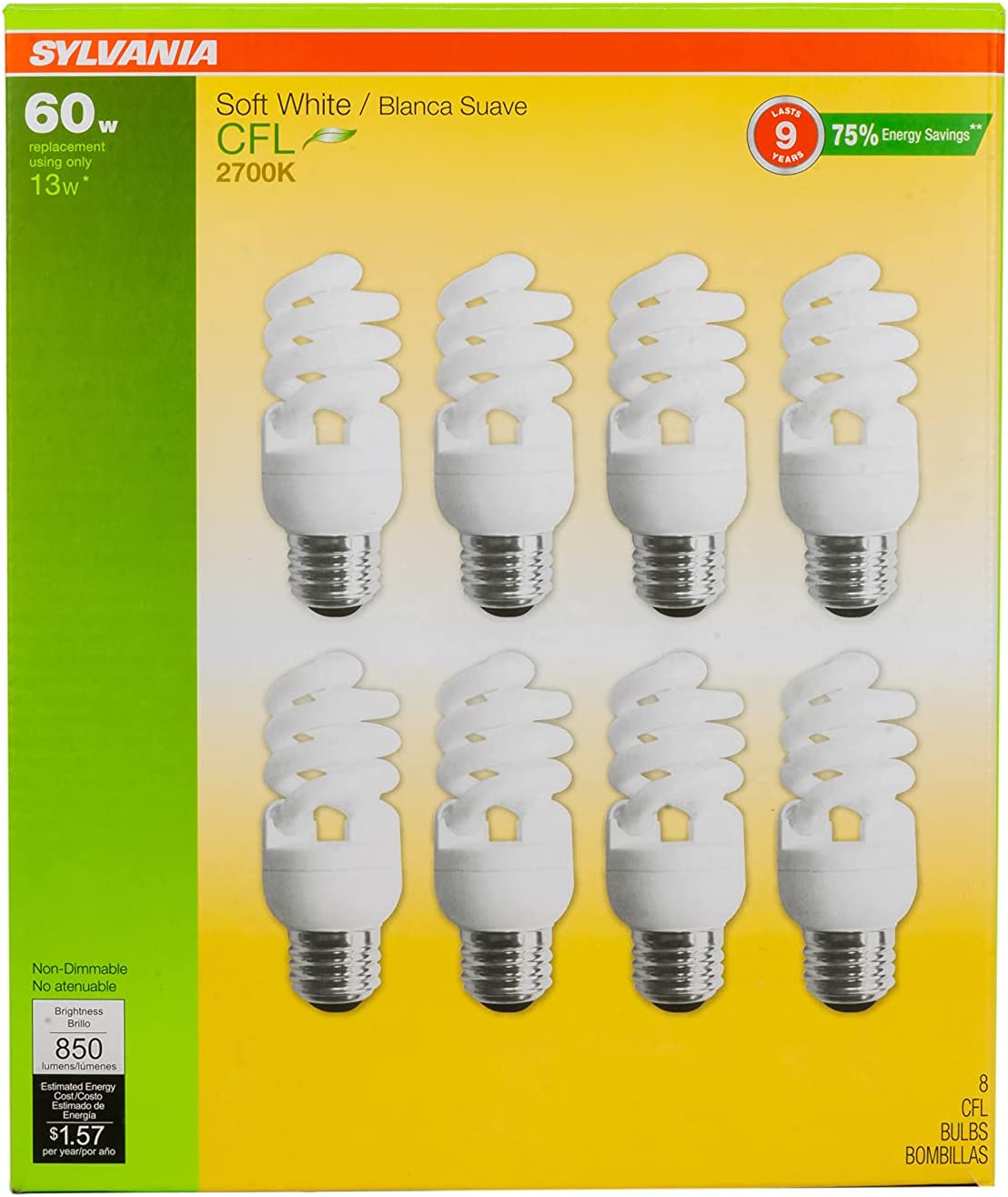 13W CFL T2 Spiral Light Bulb, 60W Equivalent, 850 Lumens, 2700K Soft White, Non-Dimmable (8-Pack)