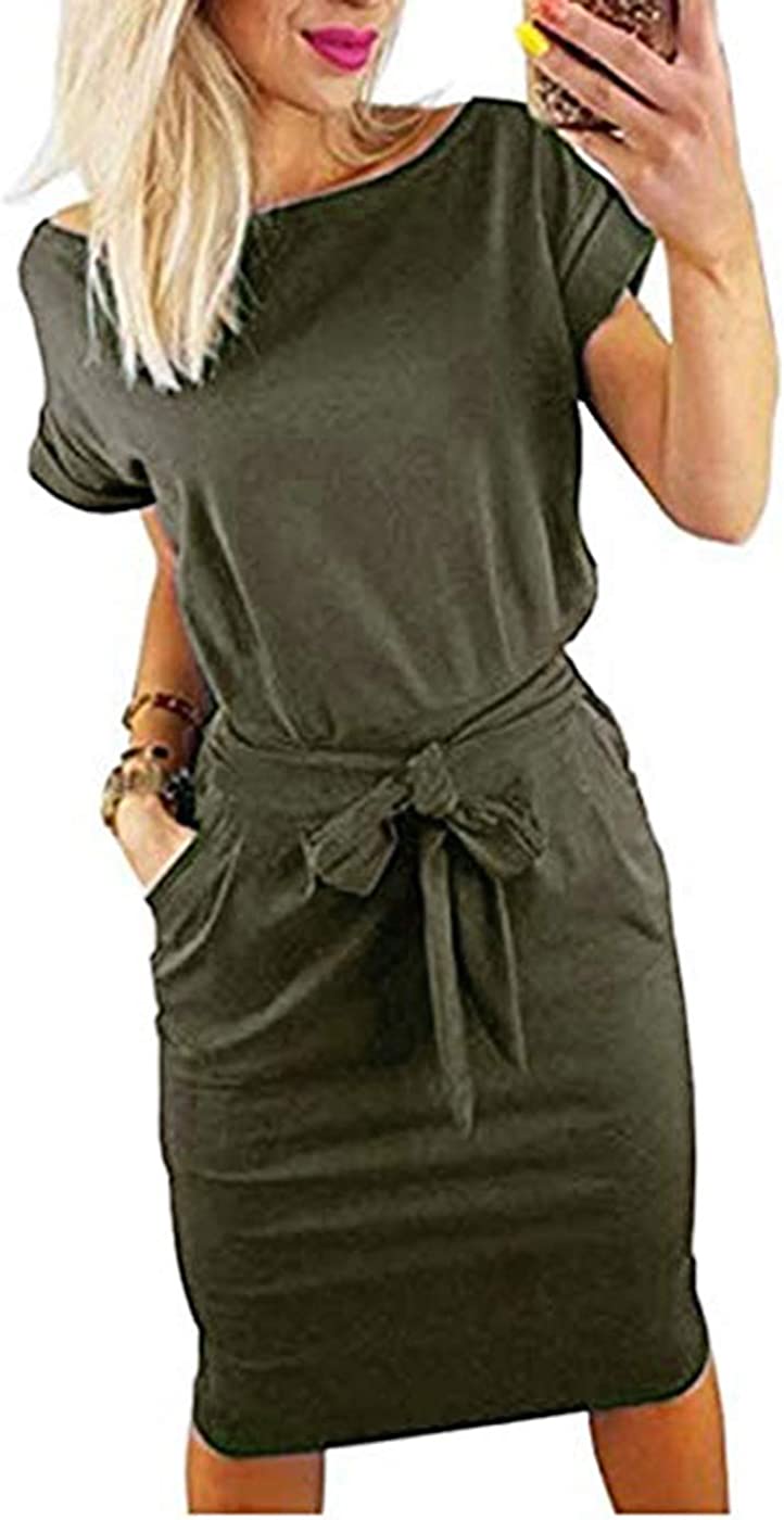 Women's Elegant Short Sleeve Wear to Work Casual Pencil Dress with Belt …