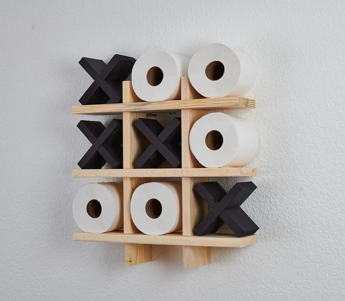Bath Roll Holder - Tic Tac Toe - Blue Pine - Toilet Paper Display - Bath Room Decor - Bath Room Organization - Handmade 16 x 16 (Stained/Chestnut - X Black)