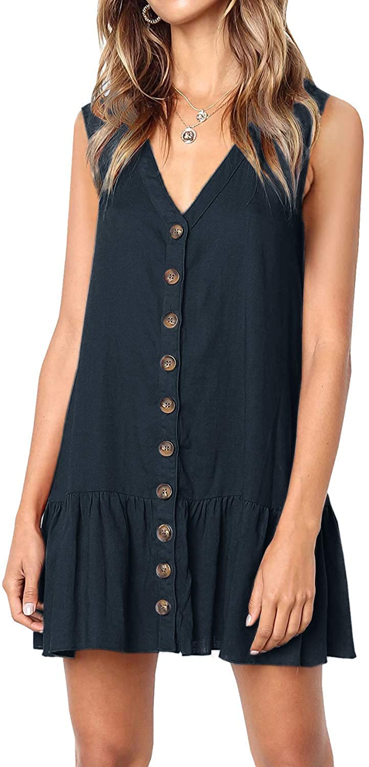 Womens Polka Dot V Neck Button Down Ruffles Loose Mini Short T-Shirt Dress
