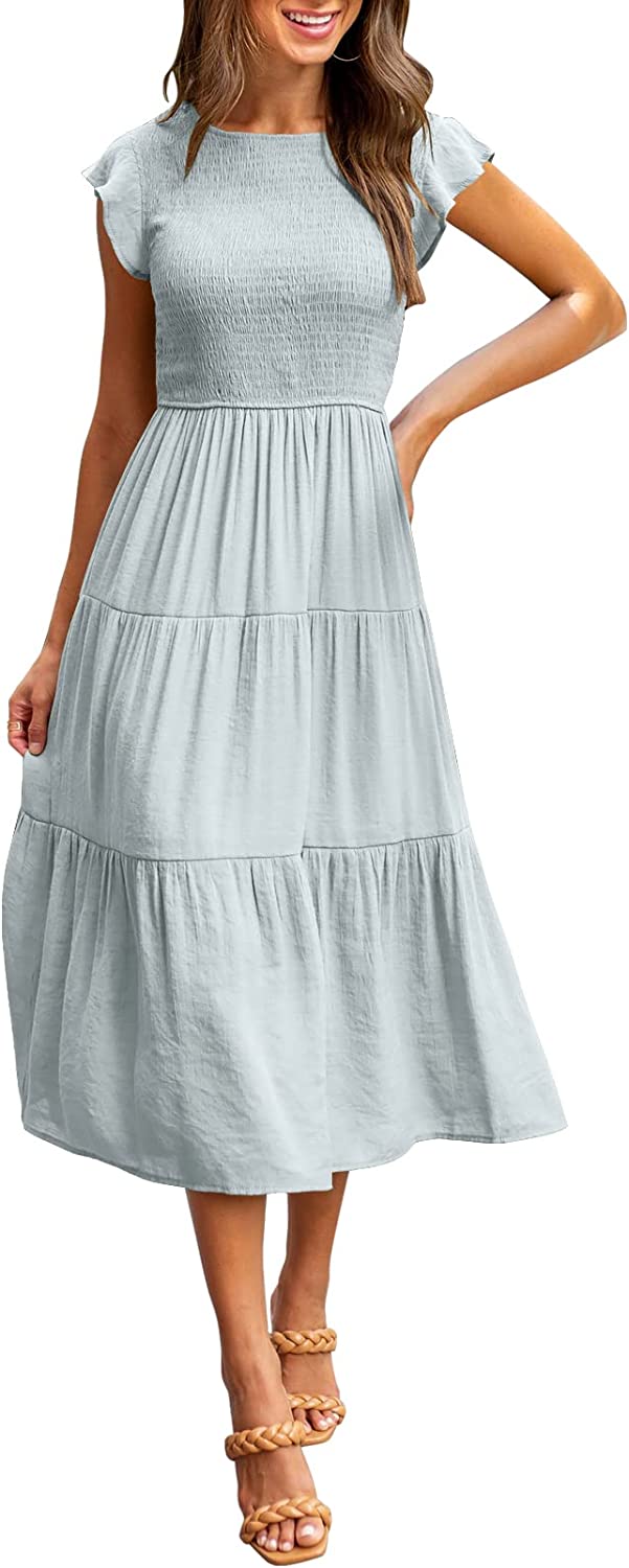Women's Summer Casual Midi Maxi Dress Boho Flutter Sleeve Smocked A-Line Long Dress