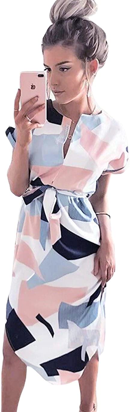 Womens Midi Dresses Summer V-Neck Short Sleeve Casual Office Geometric Belted Dress