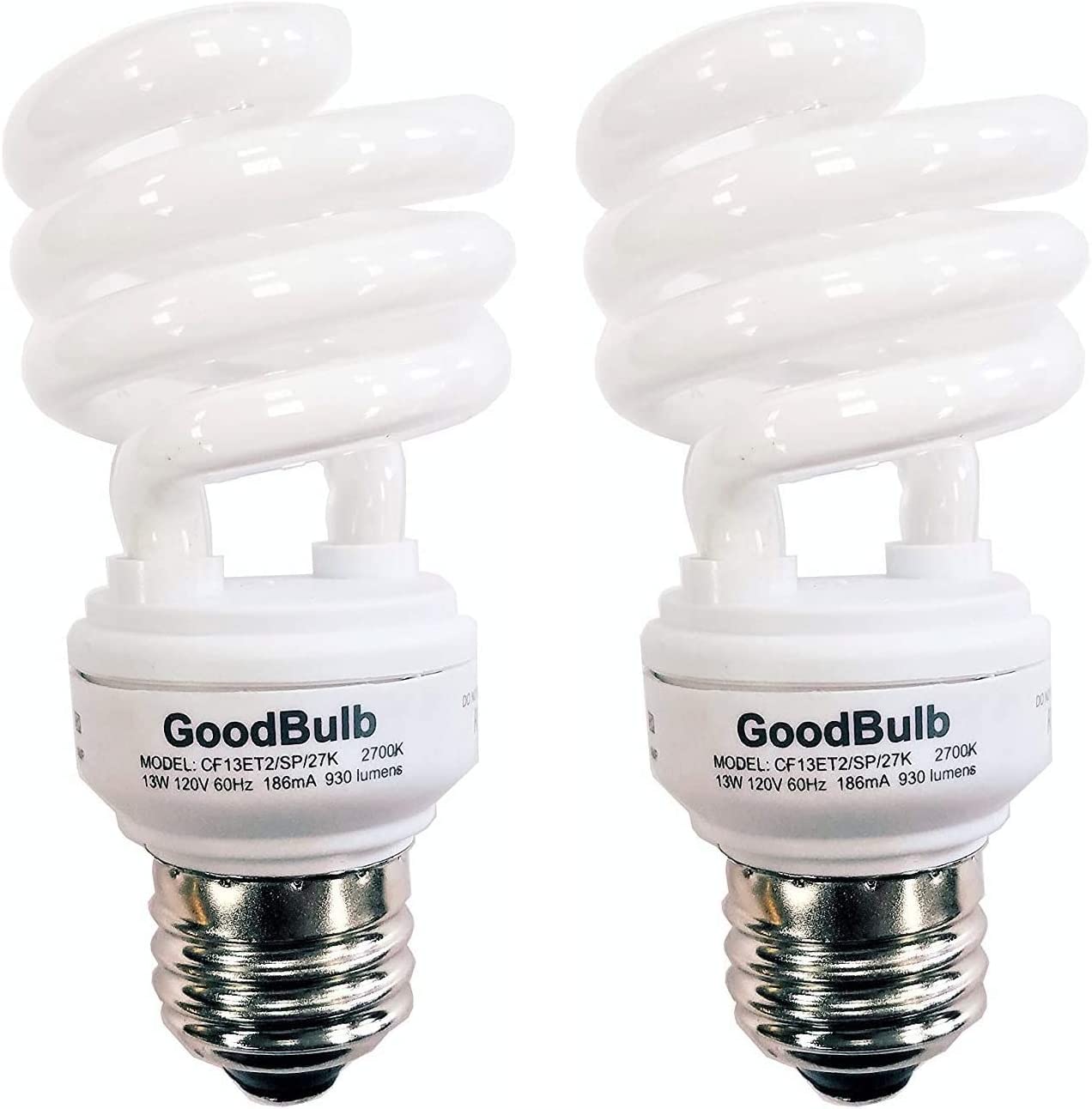 13 Watt Compact Fluorescent Bulb - Warm White Light Bulb - Ultra Mini Spiral CFL Light Bulbs - 2700K - E26 Base - 2 Pack - GoodBulb