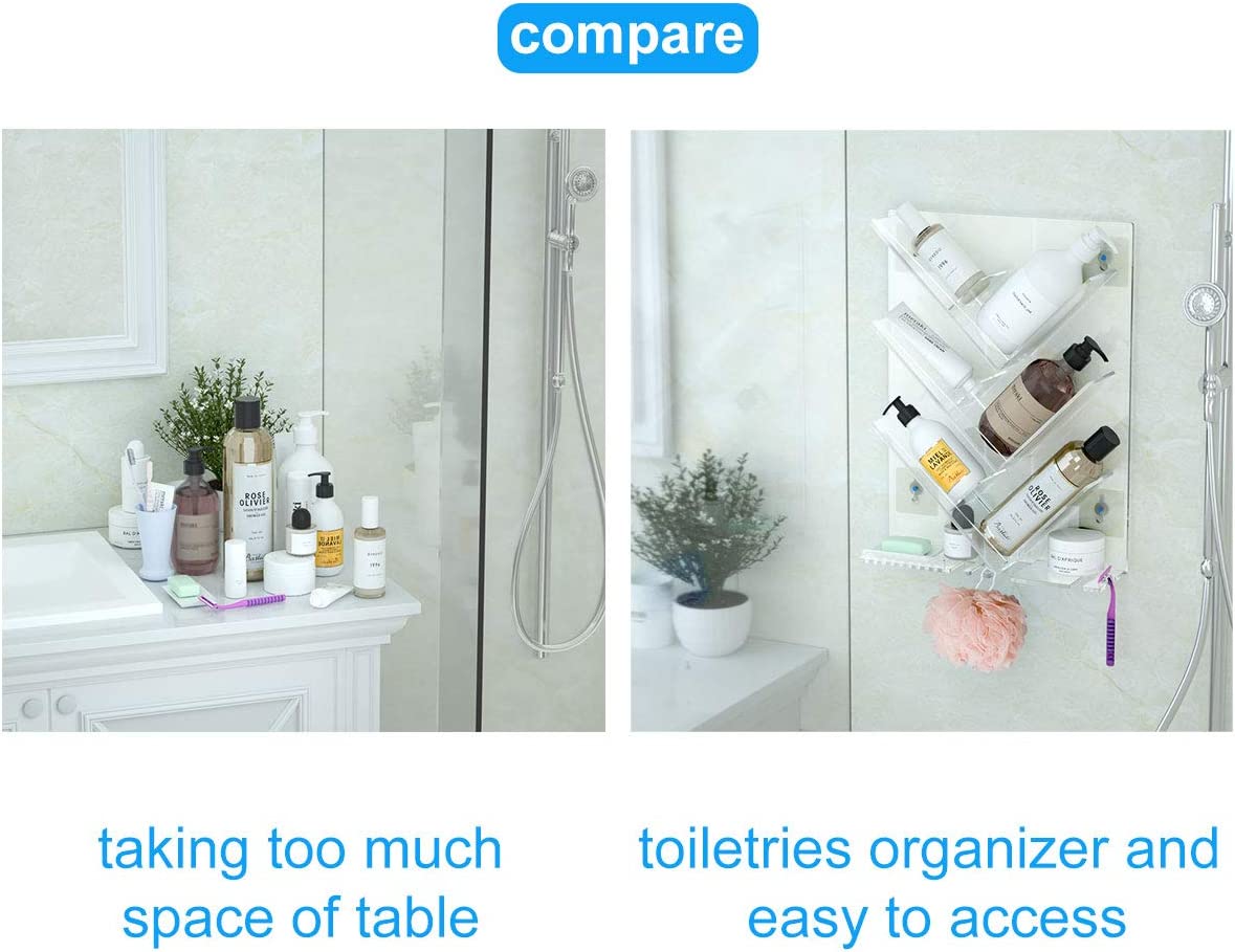 Bathroom Shower Caddy, Acrylic Shower Organizer with Suction Cup, Rust Proof and No Drilling, Sturdy and Durable, Great for Shampoo Bottles