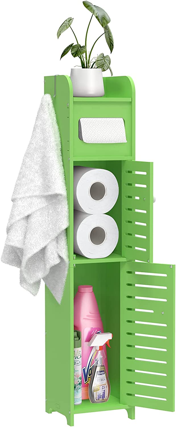 Upgrade Small Bathroom Storage Cabinet with 2 Doors and 2 Shelves, W6.1 x D6.1 x H31.5 Bathroom Organizer, 4 Tier Design Toilet Paper Storage Stand for Small Space and Corner(White)