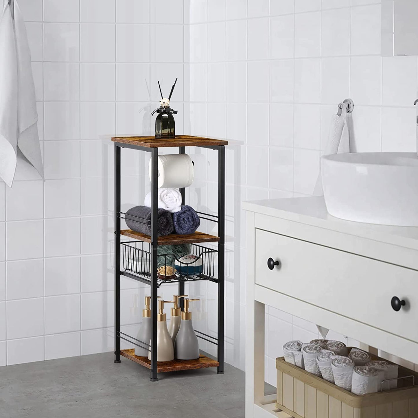 Toilet Paper Cabinet, 4 Tier Small Bathroom Storage Cabinet, Narrow Bathroom Cabinet for Small Spaces and Corner, Toilet Paper Holder with 1 Drawer and 3 Shelves(Rustic Brown)
