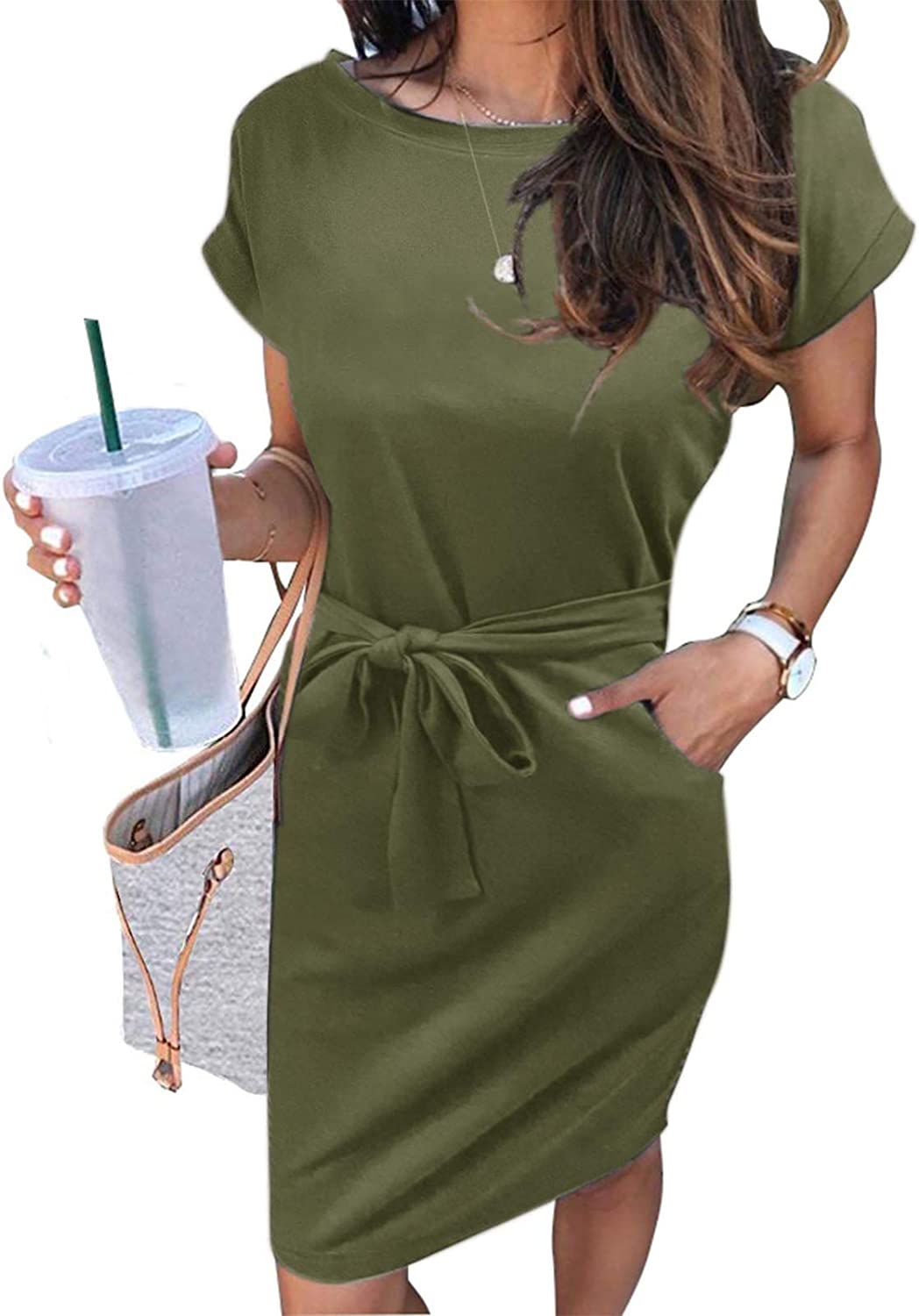 Women's Summer Striped Short Sleeve T Shirt Dress Casual Tie Waist Midi Dress