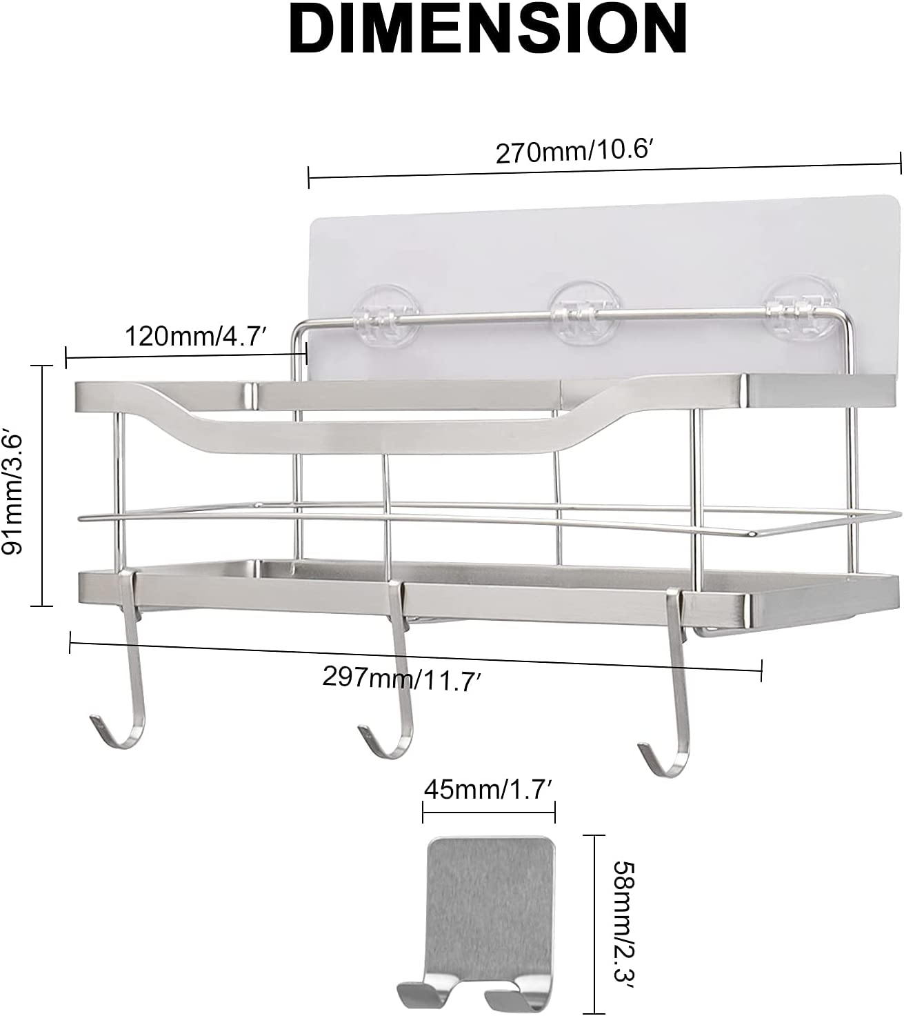 NearMoon Adhesive Shower Caddy Basket Shelf with Hooks, No Drilling Bathroom Organizer Shelf, SUS 304 Stainless Steel 2-in-1 Kitchen Spice Racks- Wall Mounted Storage Basket, 2 Pack (Brushed Nickel)