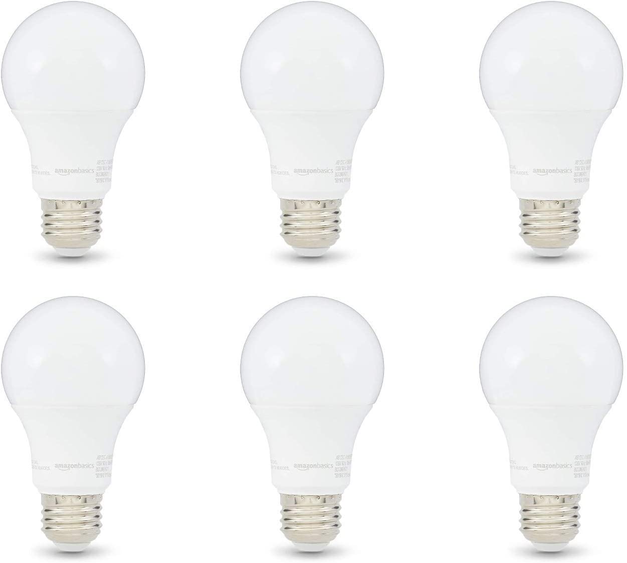 Amazon Basics 60W Equivalent, Soft White, Dimmable, 10,000 Hour Lifetime, A19 LED Light Bulb | 6-Pack
