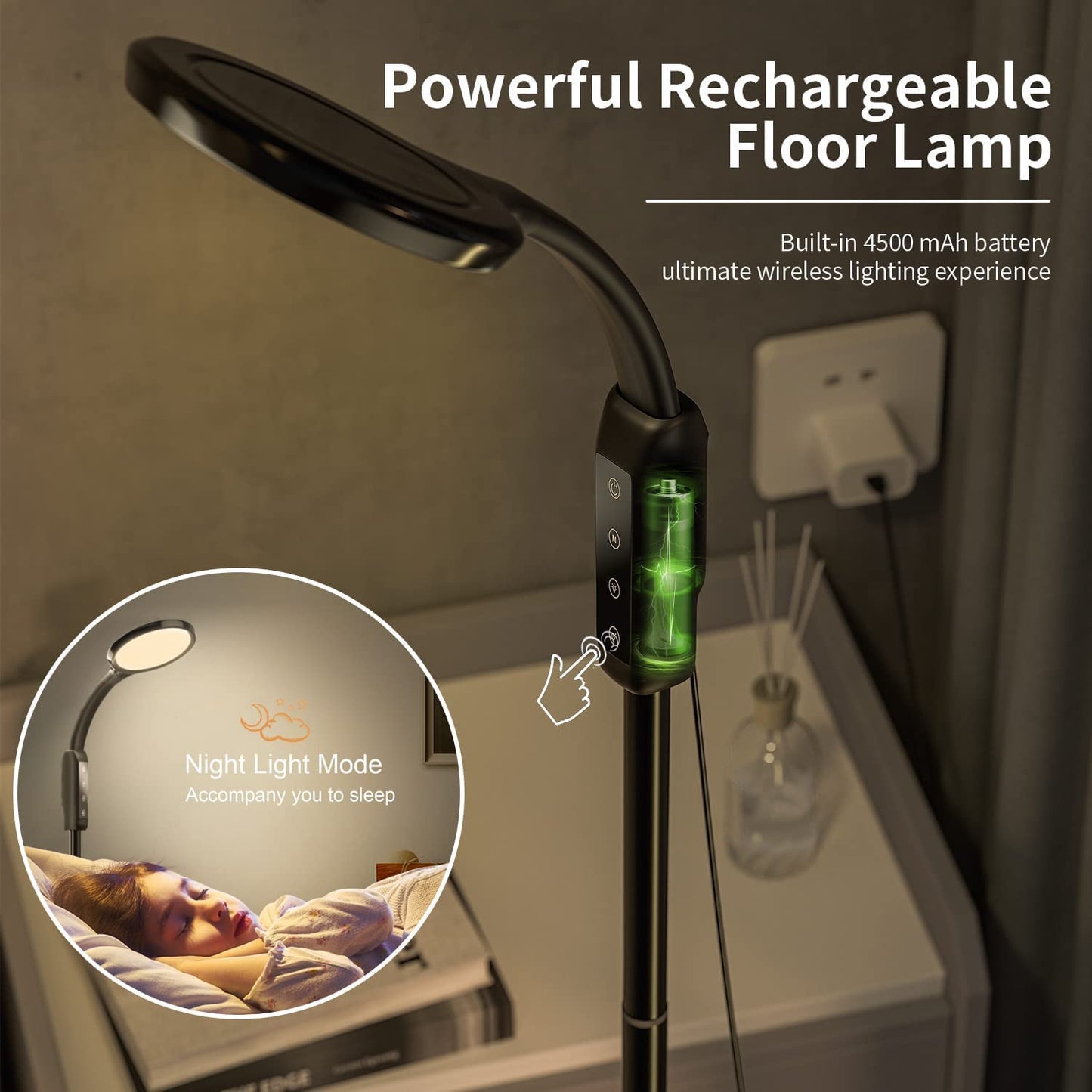 Floor Lamp for Living Room, Standing Lamp with Adjustable Brightness Flexible Gooseneck, Smart Lamp Remote App Control, Rechargeable Battery Operated Outdoor Lamp, Work Light for Reading, Crafts