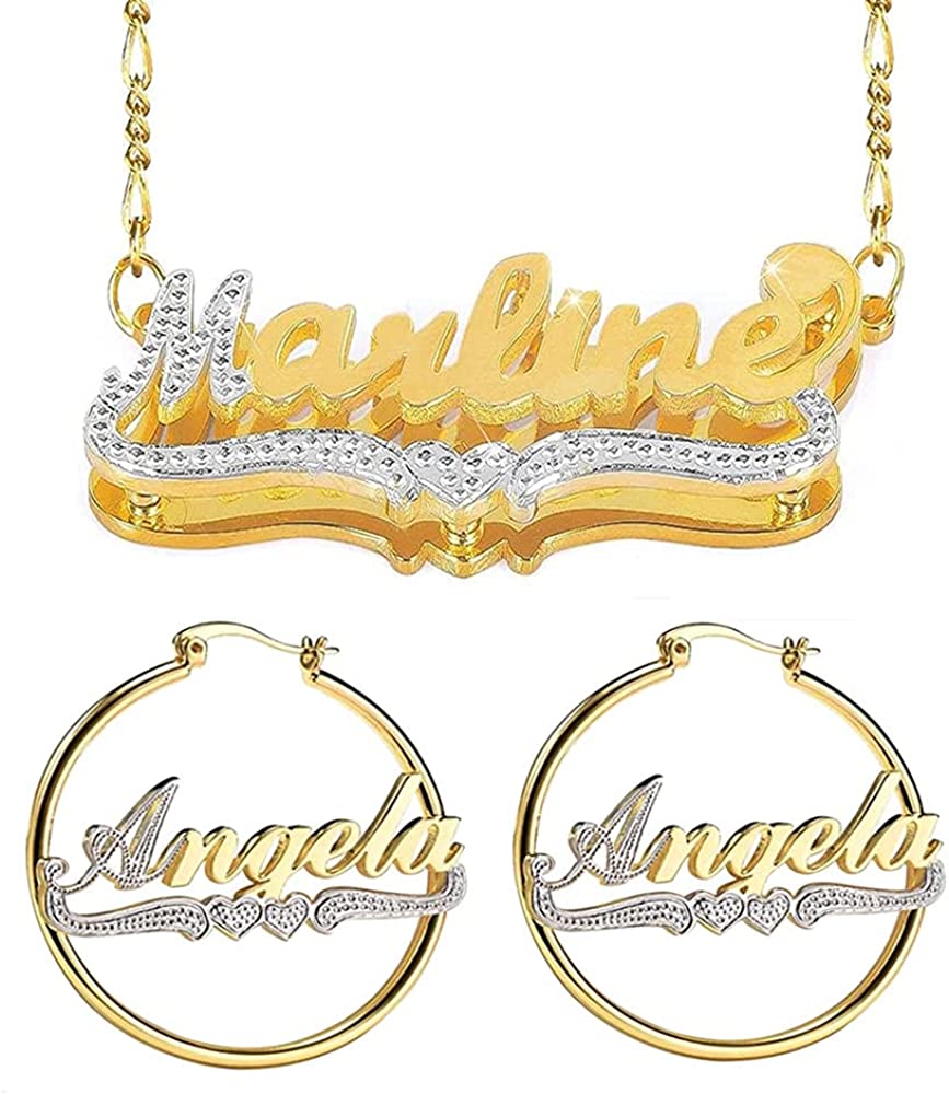 Gemiac Name Necklace Personalized 18K Gold Plated Double Name Necklace Custom Nameplate Necklace Personalized Birthday Gifts for Women Men Girls