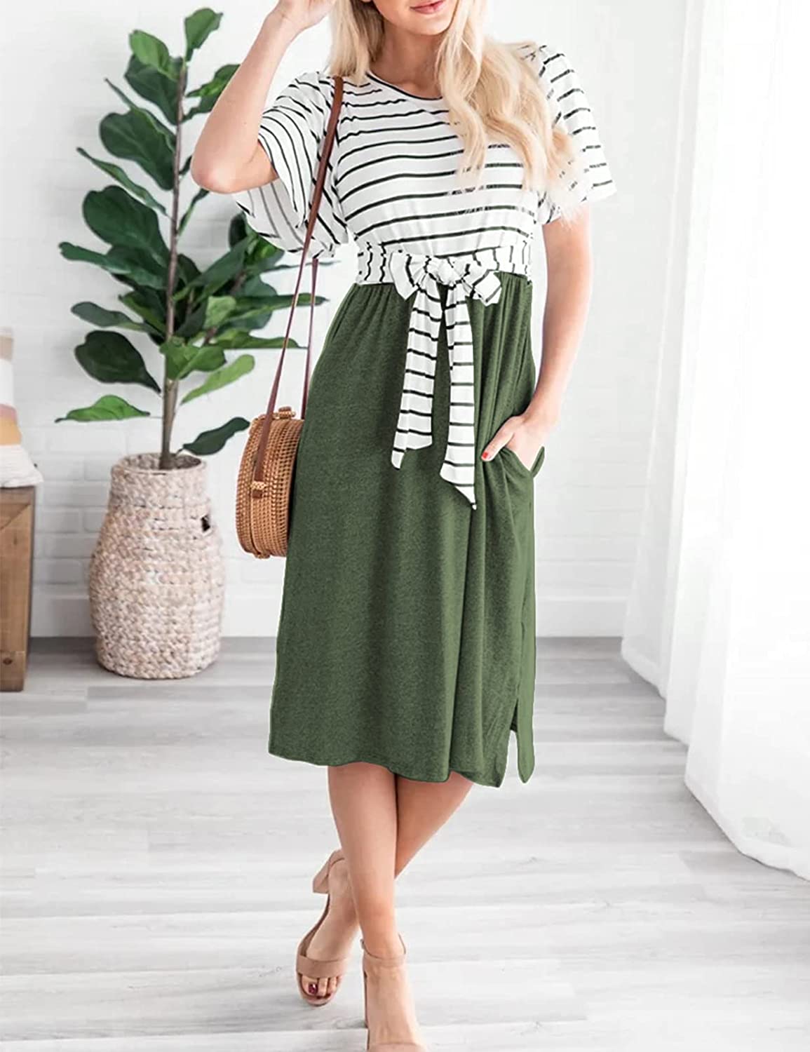 Women's Summer Striped Ruffle Sleeves Tie Waist Pockets Casual Swing Midi Dress