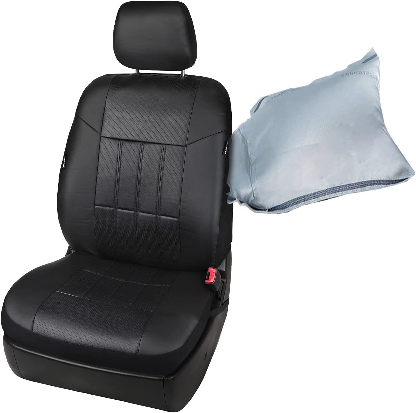 Leader Accessories 17pcs Black Faux Leather Car Seat Covers Full Set Front + Rear with Airbag Universal Fits for Trucks SUV Included Steering Wheel Cover / Seat Belt Covers