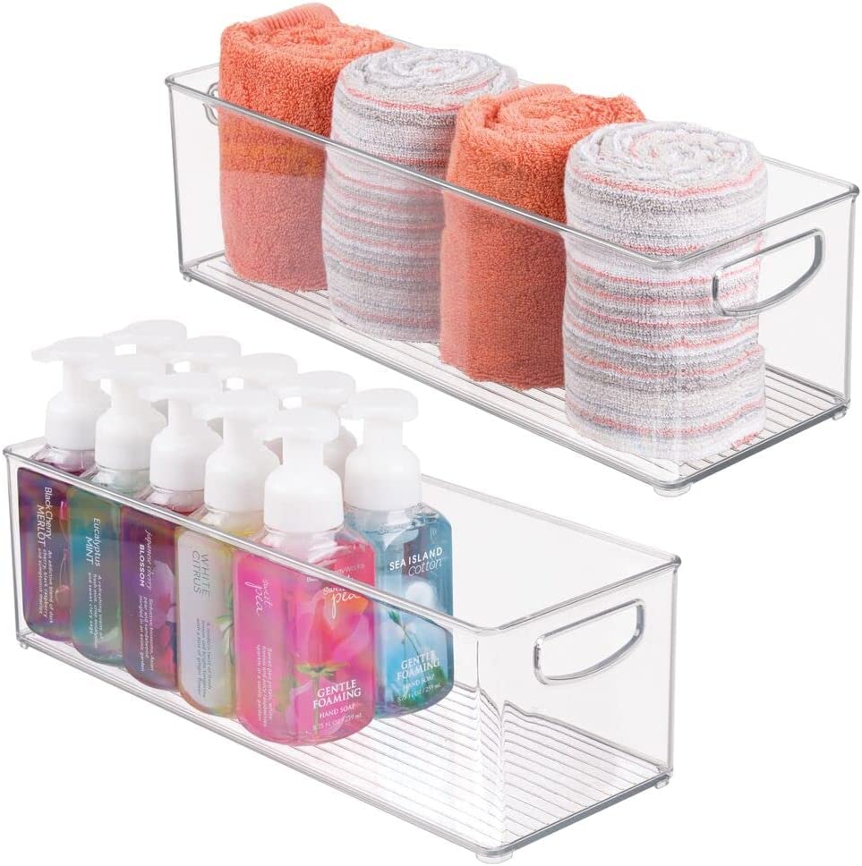 mDesign Plastic Bathroom Organizer - Storage Holder Bin with Handles for Vanity, Cupboard, Cabinet Shelf, Linen or Hallway Closets, Holds Styling Tools, Beauty Products, or Toiletries - 2 Pack - Clear