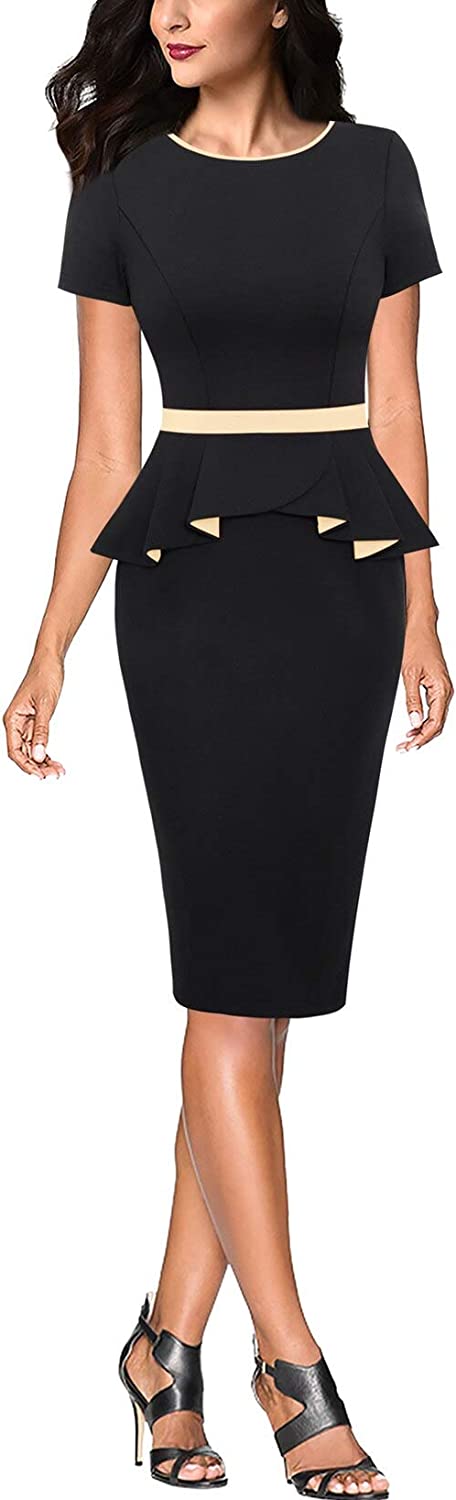 Womens Crew Neck Peplum Colorblock Work Business Office Bodycon Pencil Dress