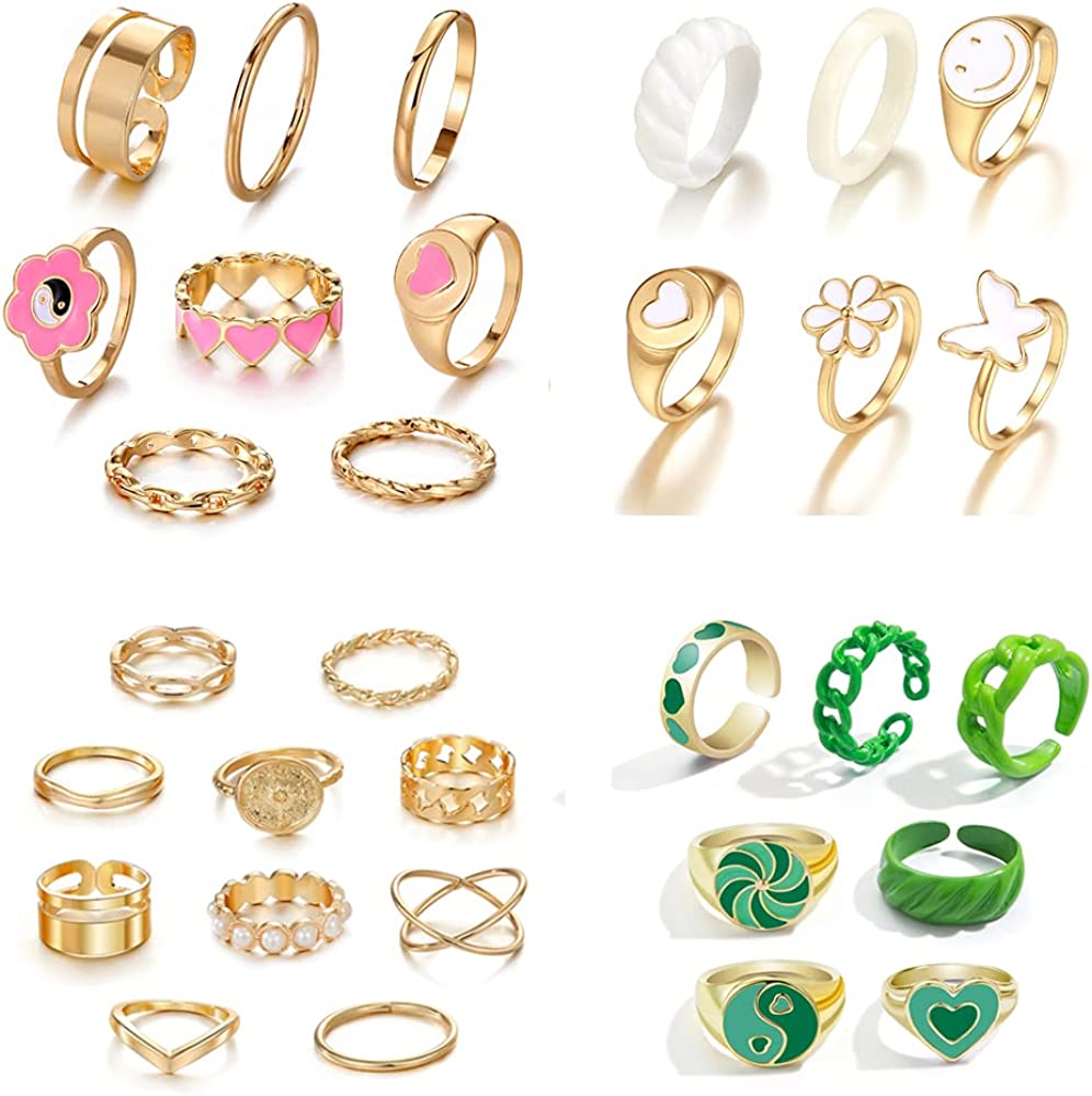 Cute Rings for Women Teen Girls Chunky Rings Y2K Jewelry Trendy Smiley Face Flower Heart Butterfly Rings Aesthetic Statement Stackable Rings Set By KISS WIFE