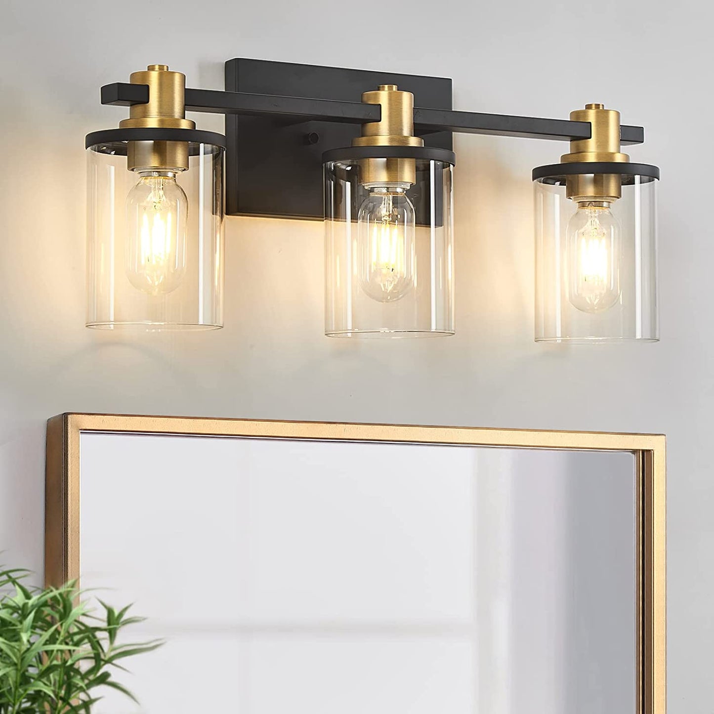 3 Light Bathroom Vanity Light Fixtures, Modern Black and Gold Vanity Lights Over Mirror, Vintage Wall Sconce with Clear Glass Shade, Brushed Gold Vanity Lights for Bathroom