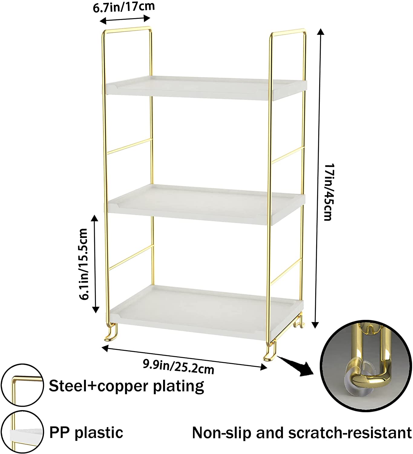 3-Tier Bathroom Organizer Countertop,Bathroom Makeup Organizer White Vanity Tray or Kitchen Spice Rack Perfume Organizer Cosmetic Display Cases (Gold)