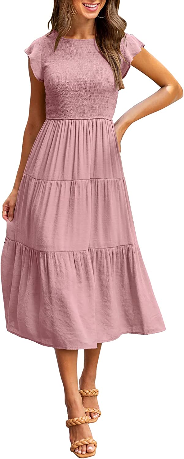 Women's Summer Casual Midi Maxi Dress Boho Flutter Sleeve Smocked A-Line Long Dress