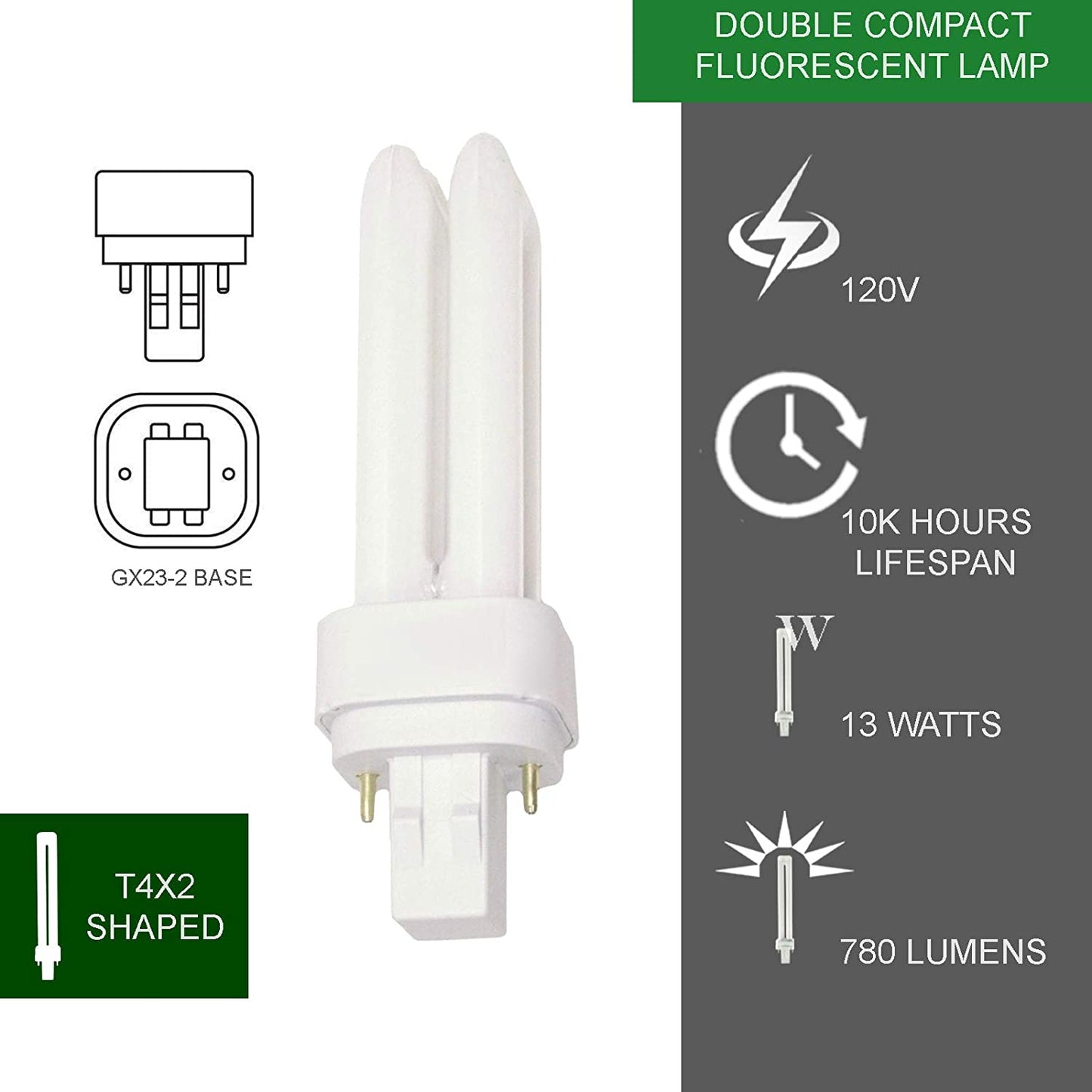 13 Watt CFL Light Bulbs 2 Pin GX23-2 Base 2700K Soft White 13W High Output 800 Lumens Double Tube Compact Fluorescent Light Bulbs Plug-in 4 Pack by Dysmio