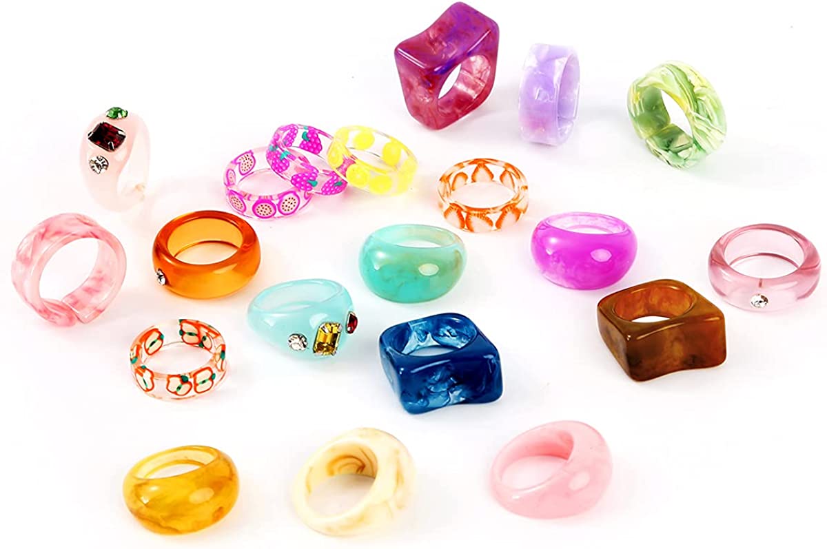 20 Pcs Resin Rings Acrylic Cute Trendy Rings Colorful Rhinestone Rings Jewelry Plastic Resin Square Gem Stackable Chunky Ring for Women Girls