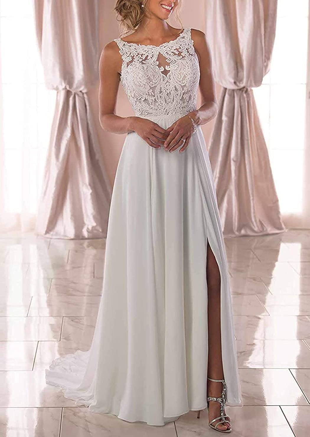 Women's A-line Chiffon Slit Beach Wedding Dresses for Bride Lace Boho Bridal Gowns