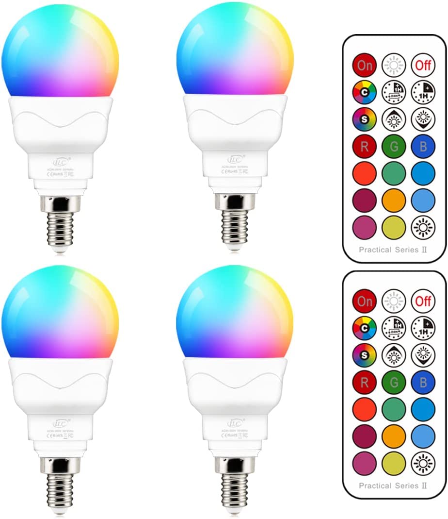 LED Light Bulb, Color Changing Light Bulb, 40W Equivalent, 450LM, 2700K Warm White 5W E26 Screw Base RGBW, Flood Light Bulb- 12 Color Choices - Timing Infrared Remote Control (4 Pack)