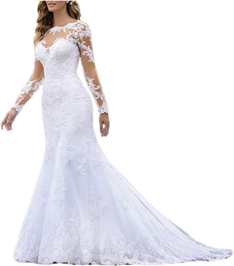 Women's Lace Chiffon Beach Wedding Dresses for Bride 2022 with Sleeves Long Bridal Gown