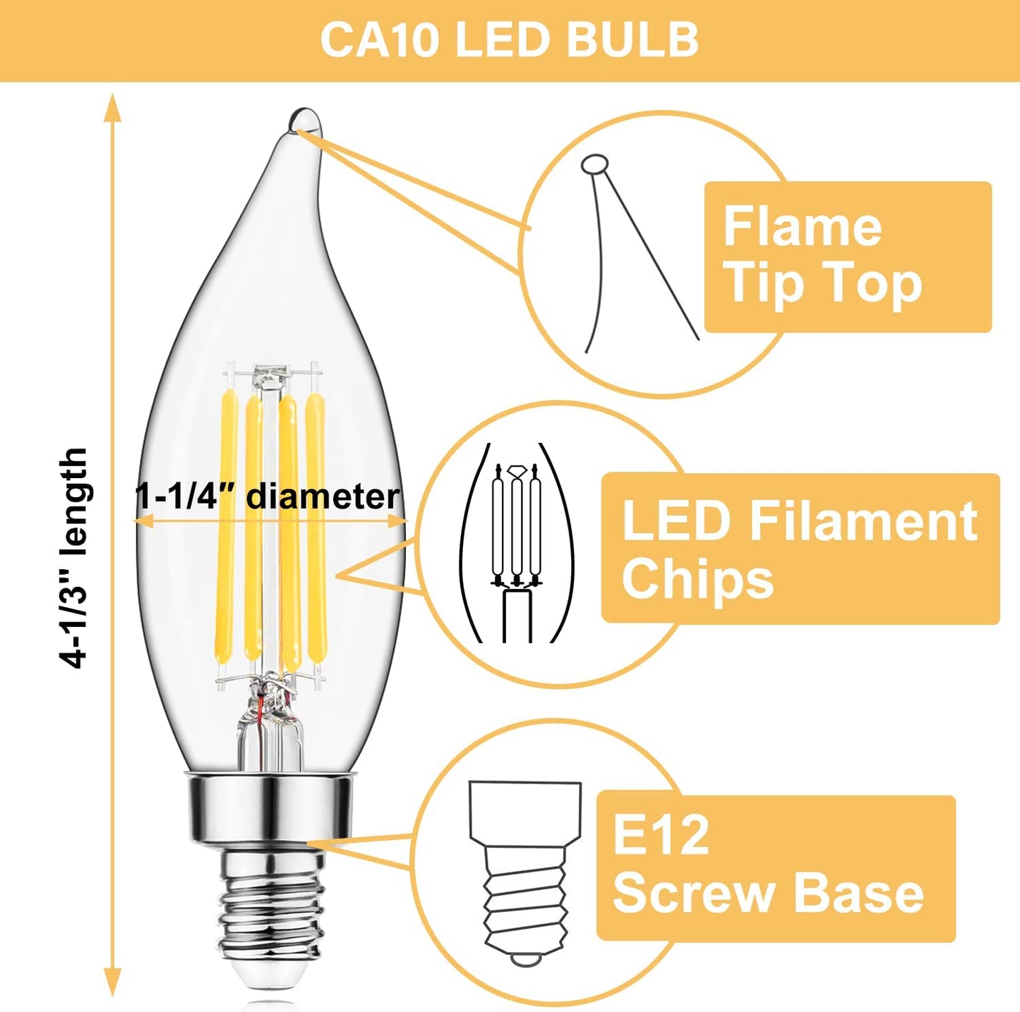 E12 LED Bulb Candelabra Base 60 watt LED Chandelier Light Bulbs Dimmable, Flame Tip Candelabra LED Bulbs, 4.5W, 500LM 2700K Warm White, CA10 Candle Light Bulbs, 12 Packs