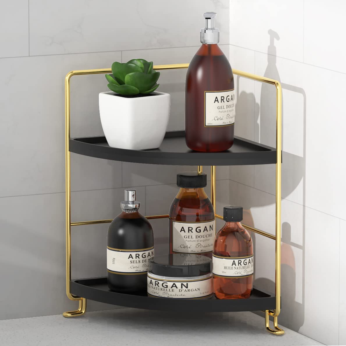 2-Tier Corner Bathroom Countertop Organizer, Kitchen Spice Rack Makeup Storage Shelf Vanity Bedroom Storage Tray (Gold)