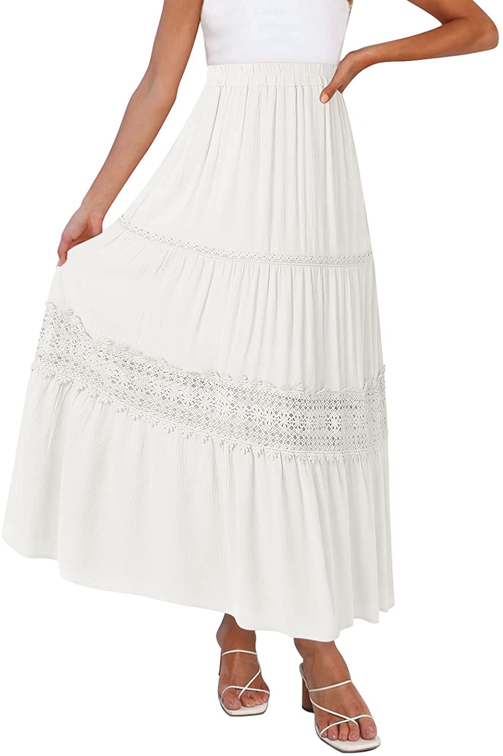 Women's Boho Elastic High Waist Pleated A-line Ruffle Lace Trim Tiered Midi Maxi Skirt with Pockets
