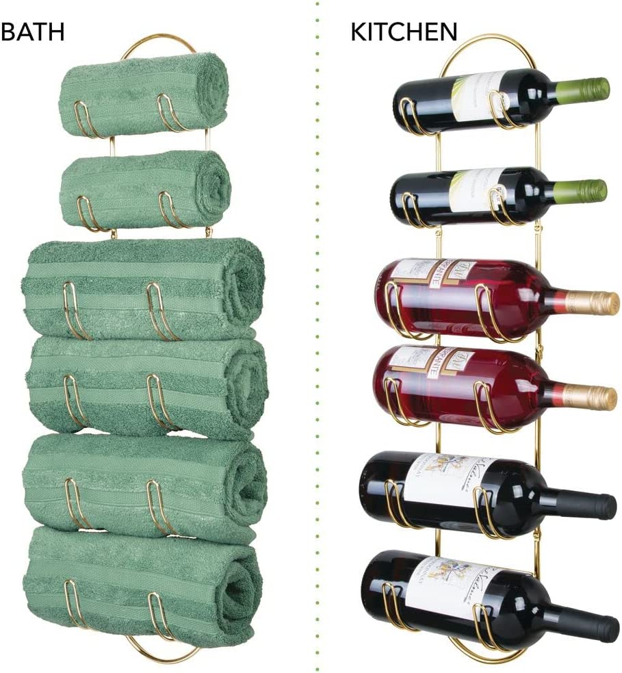 mDesign Steel Wall Mount Towel Rack with 6 Compartments - Towel Holder and Towel Storage Shelf Organizer for Bathroom, Powder Room - Concerto Collection - 2 Pack - Soft Brass