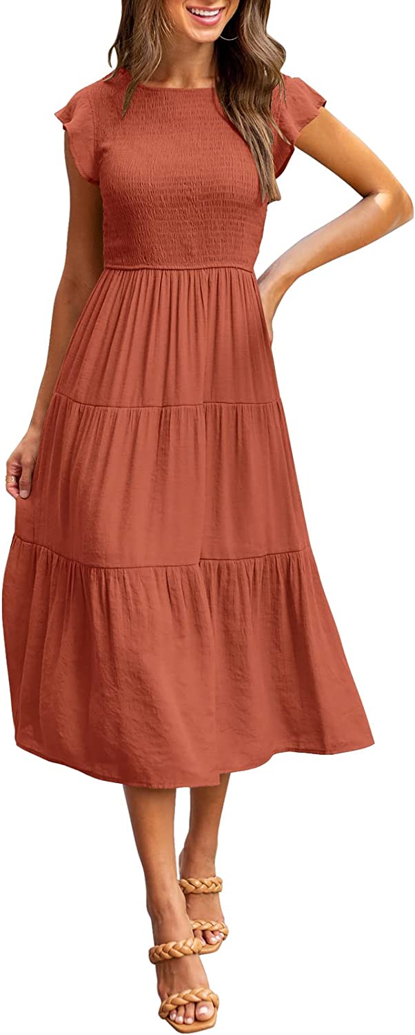 Women's Summer Casual Midi Maxi Dress Boho Flutter Sleeve Smocked A-Line Long Dress