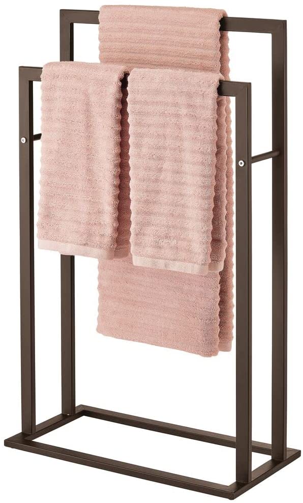 mDesign Metal Tall 2-Tier Free-Standing Towel Rack Holder for Bathroom Storage and Organization, Floor Stand Holds Bath, Hand Towels; Great for Guest, Half, Kids' Bathrooms - Chrome